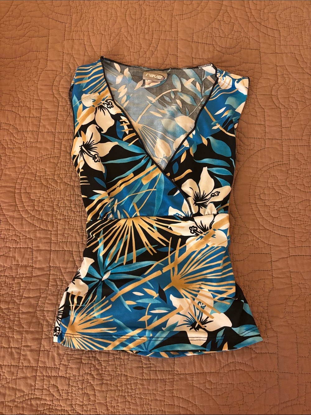 Y2K RAVe Floral Wrap-Style Tank Top in Teal, Black & Cream
